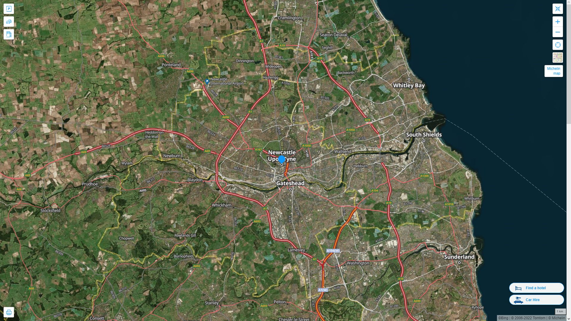 Newcastle Royaume Uni Autoroute et carte routiere avec vue satellite